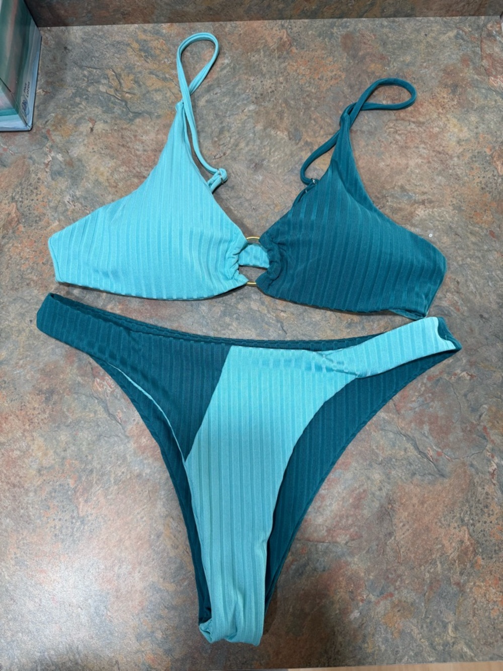 SHEIN Two-Tone Teal Ribbed Bikini Set